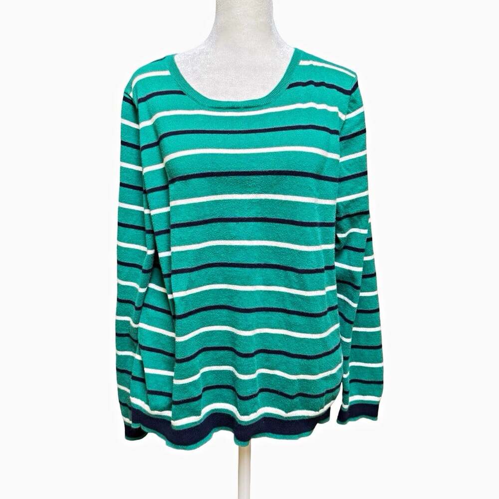 J.CREW Mercantile Green Striped 100% Cotton Knit Crewneck Ribbed Sweater L